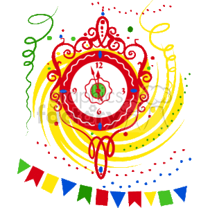 The clipart image features a stylized, decorative clock showing it's almost midnight, with the hands close to 12 o'clock. The clock is adorned with festive patterns and surrounded by an abstract representation of swirling confetti or ribbons. Along the bottom, there's a colorful string of pennant flags, adding to the celebratory atmosphere. This image is reminiscent of New Year's Eve celebrations.