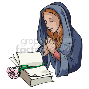 The clipart image shows a figure with a blue veil and red sleeves, praying with hands clasped together in front of an open book. There's a pink rose with green leaves tied to the book, suggesting a peaceful and religious setting.