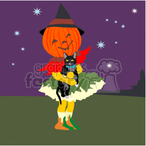 The image appears to be a Halloween-themed clipart. There is a child with a pumpkin head, wearing a witch's hat. It also has a smiling jack-o'-lantern face and is holding a black cat. The child is dressed in a costume with yellow, red, and green colors. The background is a starry night sky in purple, suggesting a spooky Halloween night.