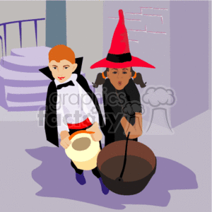 The clipart image shows two kids in Halloween costumes. One is dressed as a vampire, complete with a cape and fangs, holding a trick-or-treat bucket. The other child is dressed as a witch, wearing a black dress and a pointy witch's hat, and is carrying a large, round, black cauldron. The setting appears to be outdoors, possibly on a street during trick-or-treat festivities, with elements like a stair railing and a house corner in the background suggesting a residential area.