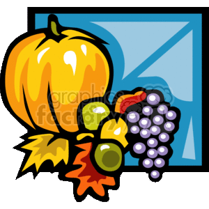 This clipart image features a collection of Thanksgiving-themed items, including a large orange pumpkin, a cluster of purple grapes with a green leaf, and additional autumnal elements such as colorful leaves and gourds. The items are depicted in a bold, cartoon-like style and are set against a blue background that is partially visible at the top right corner.