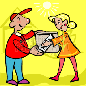 The clipart image depicts a delivery man in a red uniform and cap handing over a large package to a happy woman in a bright orange dress. The background suggests a sunny day, possibly in a neighborhood setting, indicating the friendly and cheerful interaction of daily package delivery. The woman is receiving the box with both hands, and they appear to be in a lively conversation or exchange, with the woman seeming appreciative of the delivery.