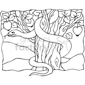 The clipart image depicts a tree with a serpent winding its way around the trunk and through the branches. There are several apples hanging from the branches, and some leaves are visible. The style is simple, with black outlines suitable for coloring activities. This image is commonly associated with the biblical narrative of the Tree of Knowledge of Good and Evil in the Garden of Eden, where the serpent tempts Adam and Eve to eat the forbidden fruit.