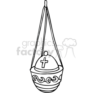 The image displays a line art illustration of a Christian incense burner, commonly known as a censer or thurible. It is depicted with a cross on top, signifying its religious association, and is designed to hold and burn incense, which is often used during Christian liturgical services.