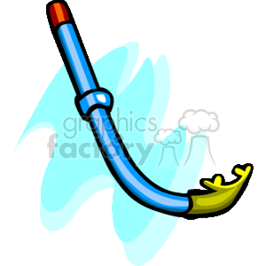 The image shows a clipart of a snorkel, a piece of swim gear used for underwater breathing during snorkeling and diving activities. The snorkel appears to be a simple tube with a curve near the mouthpiece, which is yellow, and the tube is blue with a black attachment or strap. There's a slight water wave pattern in the background suggesting the snorkel is used in water.