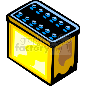 The clipart image depicts a stylized illustration of a car battery. The battery appears to be a standard lead-acid automotive battery with cell caps on the top and two terminals, commonly used for starting, lighting, and ignition power in vehicles.