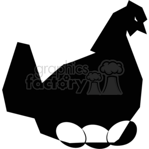 This is a black and white clipart image depicting a simplified graphical representation of a chicken in a side profile. There are three circular shapes beneath the chicken which represent eggs. The image suggests that the chicken is laying or has laid the eggs. It is a stylized representation suitable for educational material, farm-related content, or any design element requiring a graphic of a chicken and eggs.