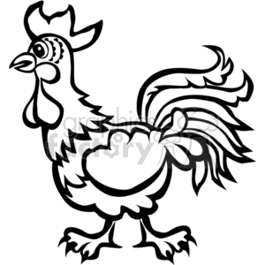 The image features a black and white clipart illustration of a rooster. The rooster is depicted with stylized feathers, a prominent tail, and a comb on top of its head.
