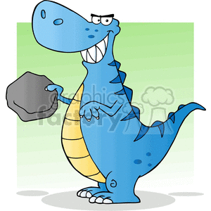 The clipart image features a cartoon of a smiling blue Tyrannosaurus Rex (T-Rex) standing upright on two legs. The dinosaur appears to have a mischievous or playful expression, with one eyebrow raised and wearing a sly grin. It is holding a grey boulder in its right hand, and its left hand is resting on its waist. The background consists of simple green stripes, suggesting a prehistoric or natural environment.