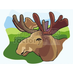 The clipart image displays a stylized cartoon of a moose's head with large antlers. The moose appears to be calm and watching, set against a backdrop showing a simplified depiction of the sky above and greenery below.