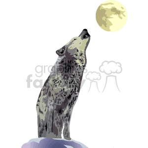 The clipart image depicts a canine figure, likely a wolf, howling at a full moon. The scene suggests a typical nighttime setting, as howling at the moon is a behavior often associated with wolves. The overall tone of the image conveys a wild, natural atmosphere.