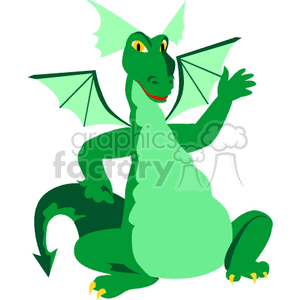 This is a clipart image of a stylized green dragon. The dragon has a friendly expression, with a slight smile. It features a large head with big eyes, a long neck, a plump body, and a tail. The dragon has wings spread out, and its limbs are depicted with simple lines, without detailed features.