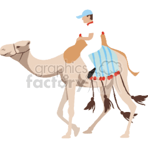 The image is a clipart illustration that shows a person riding a camel. The camel is light brown with one visible hump, indicating it may be a dromedary camel, which is common in desert regions. The rider is wearing white clothing, and a blue baseball cap. The camel is adorned with a decorative blanket over its back which