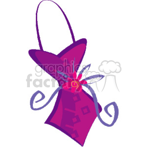 The clipart image features a stylized illustration of a one-piece swimsuit. It is predominantly purple with geometric patterns and adorned with a flower design near the top where the straps meet the body of the swimsuit.