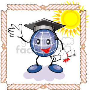 The clipart image features a stylized globe with a happy facial expression, wearing a graduation cap and holding a diploma scroll. The globe is standing on a cloud, with a sun depicted in the background. The entire illustration is framed by a decorative border that appears to be made of rope or twisted material.