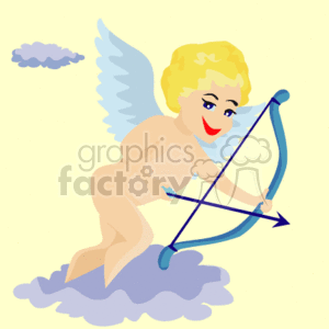 The clipart image features a cheerful cartoon depiction of Cupid. This character is shown with blonde hair and blue wings, holding a bow and arrow, a symbol traditionally associated with love and Valentine's Day. Cupid is perched on a fluffy cloud, and there is another small cloud in the background. The color palette includes soft pastel tones conducive to the theme.