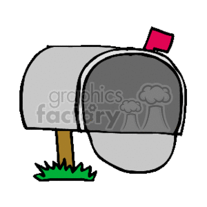 The image depicts a classic American-style mailbox. The mailbox is predominantly grey, with a red flag raised to indicate incoming mail or that mail is ready for pickup by the postal worker. The mailbox door is open, showing a hollow interior, potentially ready to receive items. A small patch of green, representing grass, is visible at the base, suggesting the mailbox is mounted on a post planted in the ground.