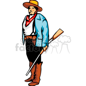 The clipart image features a stereotypical cowboy character. The cowboy is standing with a stern or possibly displeased expression on his face. He is wearing a light blue long-sleeved shirt, a dark brown hat, a red bandana around his neck, and brown cowboy boots. He also has a brown belt with a large buckle and seems to be wearing jeans. In his left hand, he is holding a rifle, resting the butt in the air. His overall appearance is reminiscent of popular imagery from western films and stories.