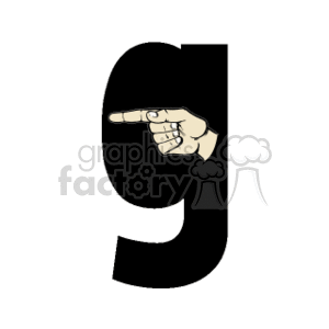 The clipart image features the letter G from the English alphabet, depicted in a stylized manner. Integrated into the design is a hand demonstrating the American Sign Language (ASL) gesture for the letter G which consists of a hand with the index finger extended and pointed to the side while the thumb extends forward, and all other fingers are curled into the palm.