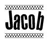 The image contains the text Jacob in a bold, stylized font, with a checkered flag pattern bordering the top and bottom of the text.