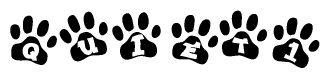 The image shows a series of animal paw prints arranged in a horizontal line. Each paw print contains a letter, and together they spell out the word Quiet1.