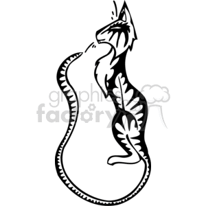 The clipart image displays a stylized representation of a cat in black and white with decorative markings and leaf-like patterns. The cat appears to be in a seated position with its body contoured to form an S-like shape. It has a prominent, pointed ear and a high, elegant tail with a striped or stripped pattern running along its body.