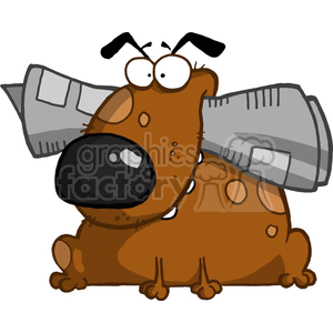 This clipart image shows a cartoon-style brown dog with spots. The dog looks comically guilty and is holding a chewed-up newspaper in its mouth. It appears to have been caught in the middle of causing mischief by chewing the newspaper to pieces.