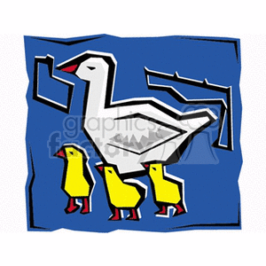 The image shows a stylized illustration of a white bird, which appears to be a duck or possibly a goose given the shape of its beak and neck, followed by three smaller yellow birds, likely ducklings or goslings. The background is blue, and the edges of the image have a rough, torn-paper effect. The style of the drawing is simple and cartoonish.