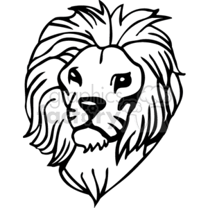 This clipart image features a black and white line drawing of a lion's head, with a focus on its facial features and its distinguishing mane. The image captures the essence of the lion, often referred to as the king of the jungle, with a regal and ferocious look that is characteristic of these majestic felines.