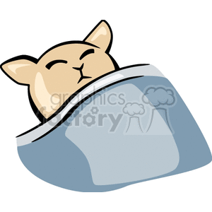 The clipart image shows a cartoon of a content, sleeping kitten tucked into a cozy bed.