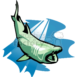 The clipart image features a stylized, cartoon-like depiction of a green shark swimming through water. The shark is shown with its mouth open, revealing sharp teeth. The background of the image has blue water patterns suggesting movement or waves.