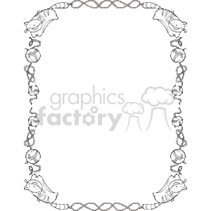 This black and white clipart image features a decorative border composed of several elements. In the corners, there are illustrations of cats with cheerful expressions, poking their heads into the frame. Their bodies extend along the borders as if they are lying down, with their tails curving towards the adjacent corner. Connecting these cat illustrations is a line of yarn or string, which creates a playful frame with balls of yarn dangling at intervals. The yarn balls and string meander through the border, adding to the whimsical and crafty theme of the image.