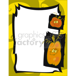 The clipart image features a Halloween-themed border or frame. The central portion is a blank white area, which is intended for text or other content. Surrounding this area is a black border with jagged edges, giving off a spooky vibe. On the border, there are two illustrated pumpkins with animated facial expressions, one on the top right and one on the bottom left. The pumpkins have a cartoonish look, with one showing a slight grin and the other sticking out its tongue playfully. The background around the frame is yellow with swirl patterns, enhancing the festive Halloween feel. This sort of image might be used for invitations, flyers, or any kind of communication related to Halloween events or celebrations.