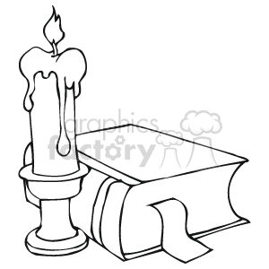 The image is a black and white clipart that features a melting candle with a flickering flame, set in a candle holder, next to a closed book with a bookmark. Possibly a bible