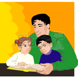 The clipart image shows a father with two children, one sitting on his lap and the other close beside him. The father is reading a book to the kids, who are attentively looking on. The image conveys a warm, family moment and is likely themed around father-child bonding, possibly related to Father's Day.