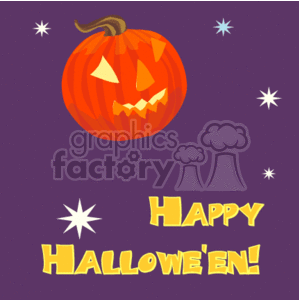 This clipart image features a carved jack-o'-lantern with a smiling face, set against a purple background. Accompanying the pumpkin are stylized stars and the greeting Happy Halloween! written in a festive, yellow font with a slightly skewed, playful arrangement.