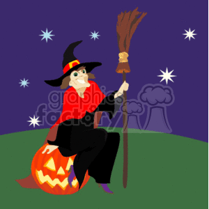 The image is a clipart depicting a Halloween theme. It includes a witch wearing a black and red outfit with a pointed hat, holding a broom. The witch is seated on a carved pumpkin that appears to be lit from within, giving off an orange glow. The background is a dark purple night sky sprinkled with white stars.