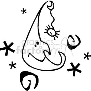 The clipart image depicts a stylized crescent moon with a face, giving it a whimsical or spooky character that is often associated with Halloween themes. The moon appears to be smiling and has an eye with a star-like sparkle. Around the moon, there are star shapes and swirls or curls that add to the festive, magical, or eerie atmosphere typical for the Halloween season.