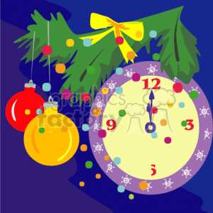 This clipart image features a festive clock indicating it's almost midnight, with colorful confetti around it, suggesting a New Year's Eve theme. Two Christmas ornaments, one red and one yellow, hang alongside the clock, and there's greenery with a yellow bow at the top, which resembles mistletoe or a holiday decoration. The background is a dark blue, probably indicating nighttime.