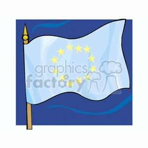 This clipart image features a flag with a circle of twelve golden stars on a blue background, which is on a flagpole with a finial on top. The background suggests the flag might be waving in the wind.