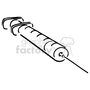 This is a black and white line art illustration of a medical syringe with a needle.