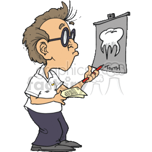 This clipart image depicts a caricature of a dentist examining a drawing of a tooth. The dentist is wearing glasses, a white medical uniform, and holding a red pen and a notepad. On the paper or board next to the dentist, there is a slightly oversized drawing of a molar tooth with the word Tooth written underneath it.