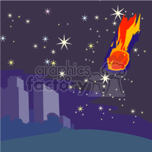 This clipart image depicts a fiery meteor descending through a starry night sky towards a city skyline. The city appears as a silhouette against a dark blue background, suggesting it is nighttime. The meteor has an orange and yellow tail, signifying heat and speed as it travels through the Earth's atmosphere.