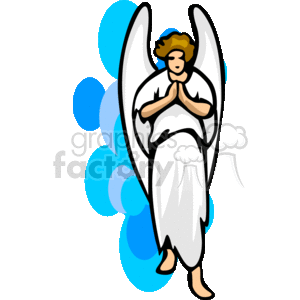 The image depicts a stylized cartoon of an angel. The angel appears to be in a peaceful pose with hands clasped together in front. It has a halo, large feathered wings, and is wearing a white robe that reaches down to its feet. The background consists of soft blue circles that give the impression of a tranquil or heavenly environment.