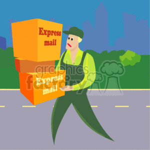 This is a clipart image featuring a delivery man in green overalls carrying two large orange boxes labeled Express mail. He is depicted walking along a road with a city skyline in the background. His facial expression suggests he might be either tired or focused on his task.