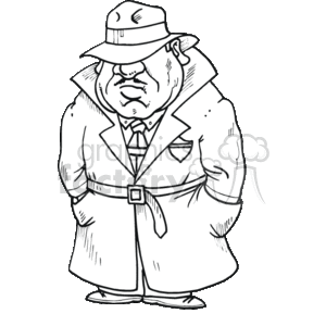 The clipart image depicts a stylized man who appears to be a private investigator or detective character. He is wearing a classic fedora hat and a trench coat, which is often associated with depictions of detectives in popular culture. His expression is stern or thoughtful, suggesting he's contemplating a case or searching for clues. The image seems to be designed in a simple black and white line art style, commonly used for clip art illustrations.