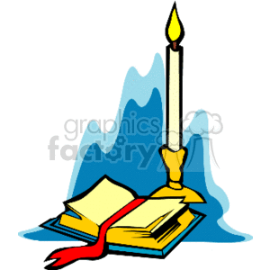The clipart image shows a lit candle in a candlestick holder with a flame at the top, placed next to an open book with a red ribbon bookmark. The background has abstract blue shapes that could possibly represent a flame's glow or a decorative element.