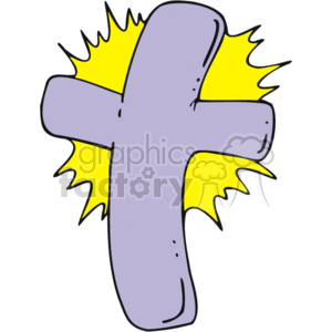 The image shows a purple-colored cross with a yellow glow or radiance coming from behind it, resembling a shining or glowing effect. The style is simplistic and cartoonish, characteristic of clipart designs. The cross is associated with Christianity and could represent faith, religion, or the Christian church.