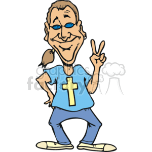 The clipart image features a caricatured man with a hippie-like appearance giving a peace sign. He is sporting a blue t-shirt with a prominent Christian cross on it, blue pants, and casual shoes. The man has a smiling expression, a ponytailed hairstyle, and blue-tinted round glasses, which together evoke a 70's hippie or stoner vibe combined with Christian symbolism.