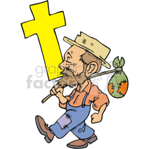 This clipart image features a caricature of a traditionally dressed man with a beard, wearing a hat, suspenders, and patched trousers. He is walking with a jaunty step, carrying a large yellow cross over his shoulder. At the end of the stick over his other shoulder hangs a small sack or bundle, suggesting a nomadic lifestyle or possibly indicating his humble socioeconomic status.